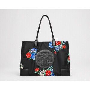Tory Burch Ella Large Tote Black Tea Rose Print Nylon Shoulder Bag Multicolor